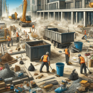 Home 7 The scene shows a construction site after the building work is done, with debris, dust, and materials