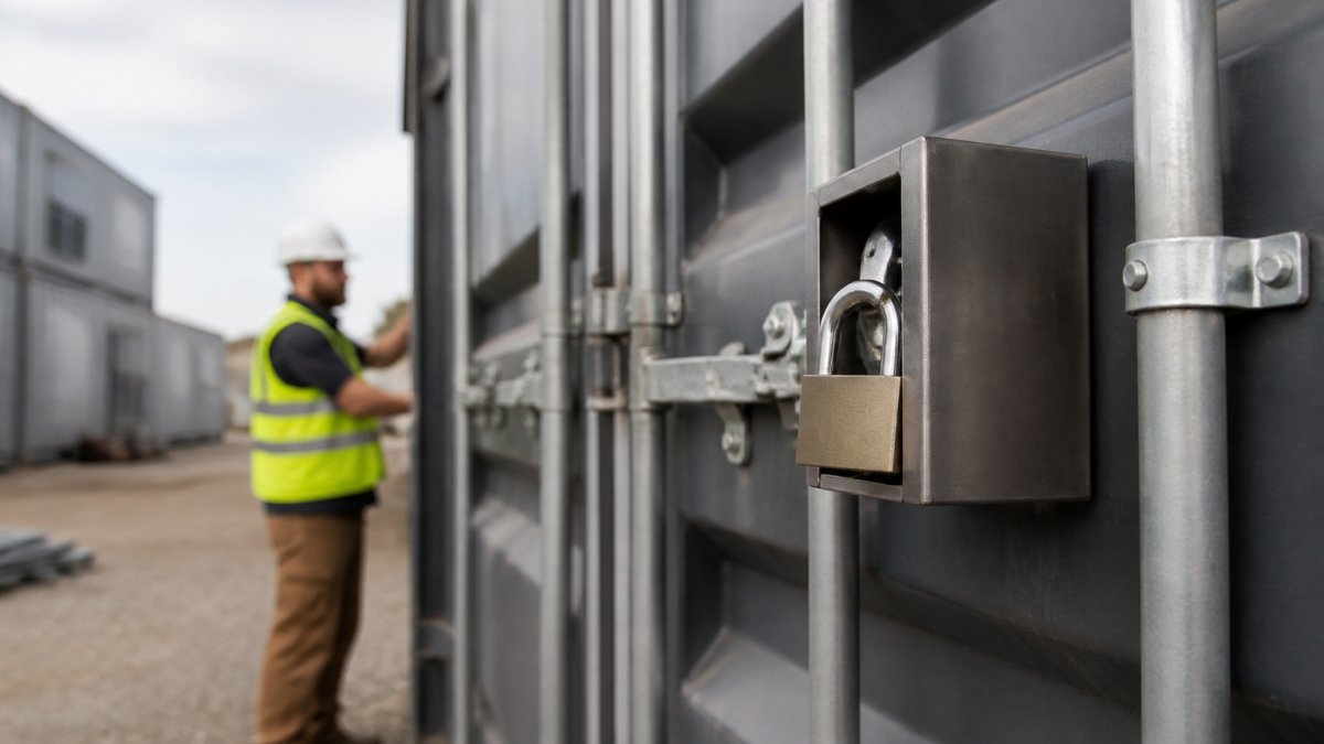 Are Storage Containers for Secure Job Sites Worth It? 1 Heavy-duty padlock and lockbox on a shipping container at secure job sites with a worker in the background
