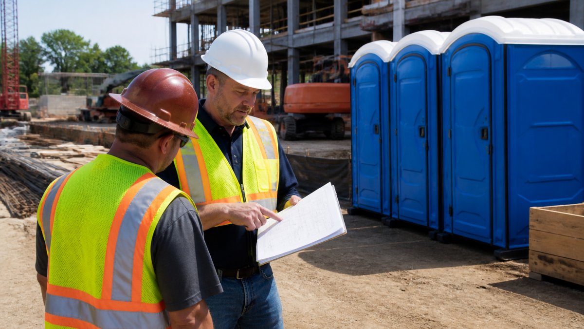 Calculating OSHA Portable Toilet Requirements 1 A construction site supervisor in a hard hat and safety vest standing near a row of blue portable toilets, holding a clipboard and reviewing a site plan with a worker in the foreground
