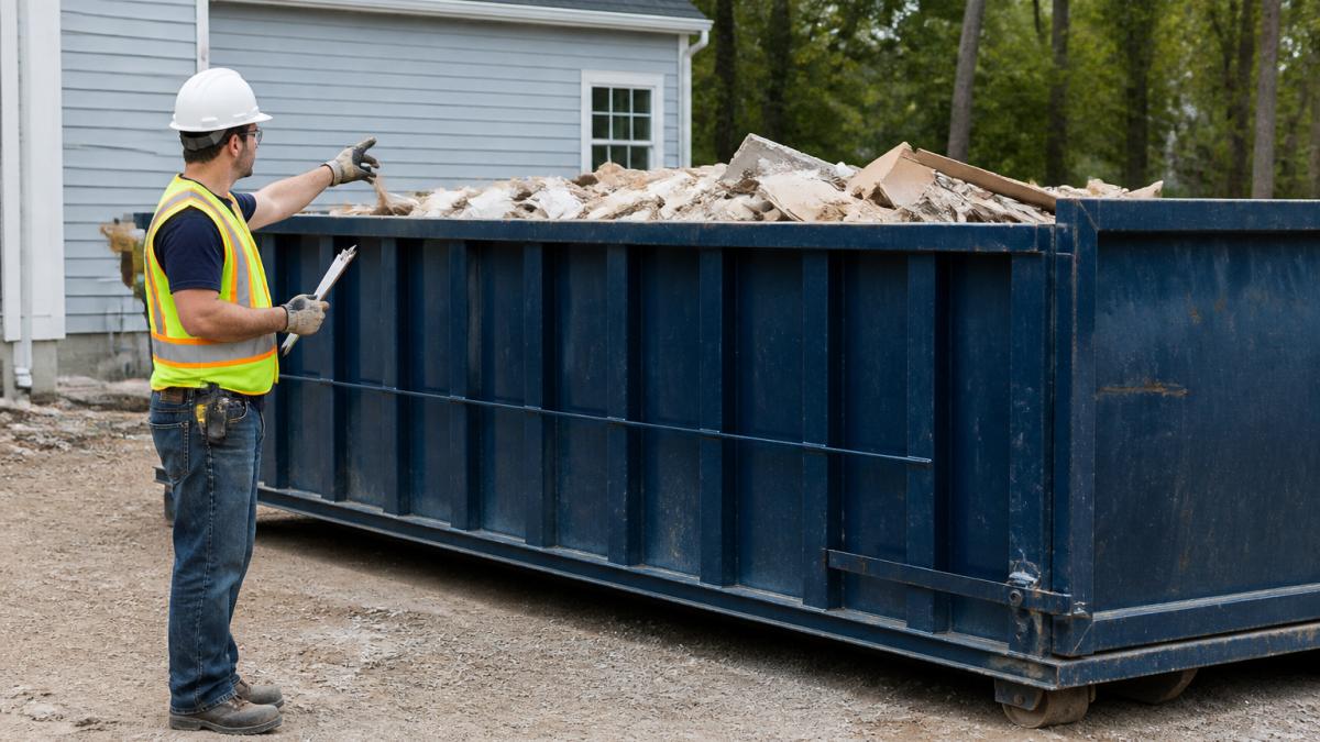 Can You Avoid Dumpster Rental Fees? 1 Construction worker checking debris levels in a roll-off dumpster to avoid extra dumpster rental fees.