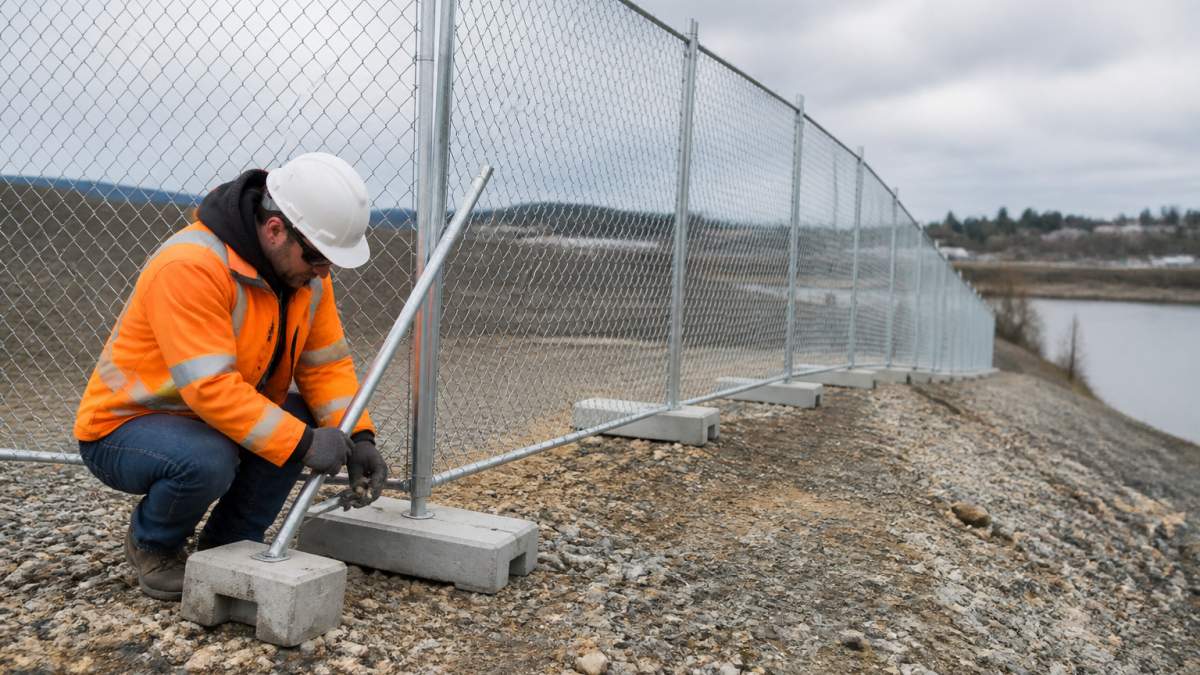 Choosing the Right Temporary Fencing Type: 2026 Guide 1 Worker adjusting a stabilizing brace on temporary fencing installed on a sloped gravel construction site.