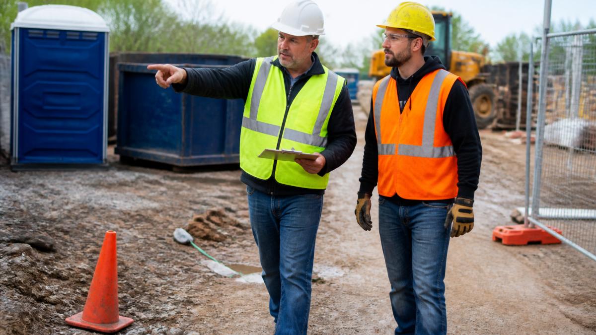 How to Ensure OSHA Site Compliance: 2026 Guide 1 A construction supervisor in a hard hat and safety vest holding a clipboard, walking a job site and pointing out a potential hazard to a worker