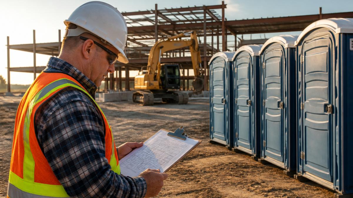 Portable Toilet Rental for Construction Sites: 2026 Guide 1 Construction foreman reviewing site plans beside a row of units for a portable toilet rental at a build site.