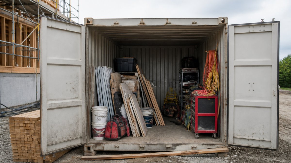 Rent a Storage Container for Short-Term Construction 1 A 20-foot steel storage container positioned on a construction jobsite with building materials, tools, equipment stacked inside, and weather-resistant metal construction visible