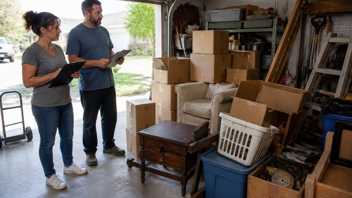 Renting Dumpsters for Large Residential Cleanouts 1 A homeowner and a helper standing in a cluttered garage, holding clipboards and looking at stacked boxes and old furniture, with a driveway visible through the open garage door