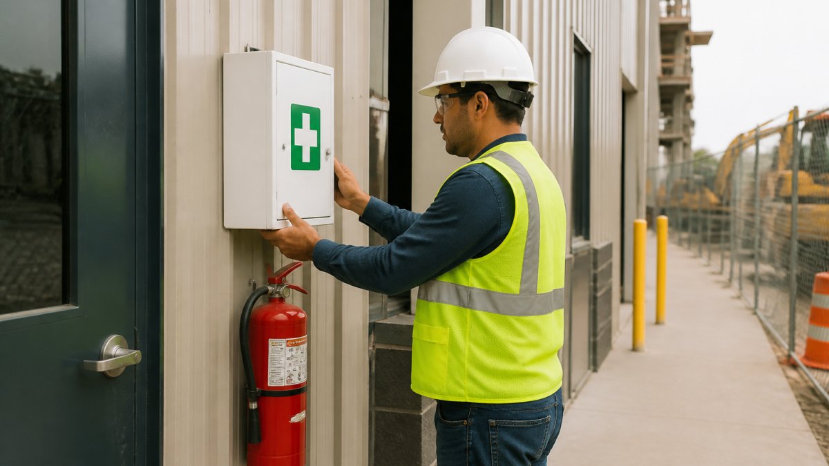 Securing Emergency Equipment for Construction Sites 1 A construction site worker in a hard hat and high-visibility vest checking a wall-mounted first aid kit and fire extinguisher station near a site entrance, with clear signage and an accessible path