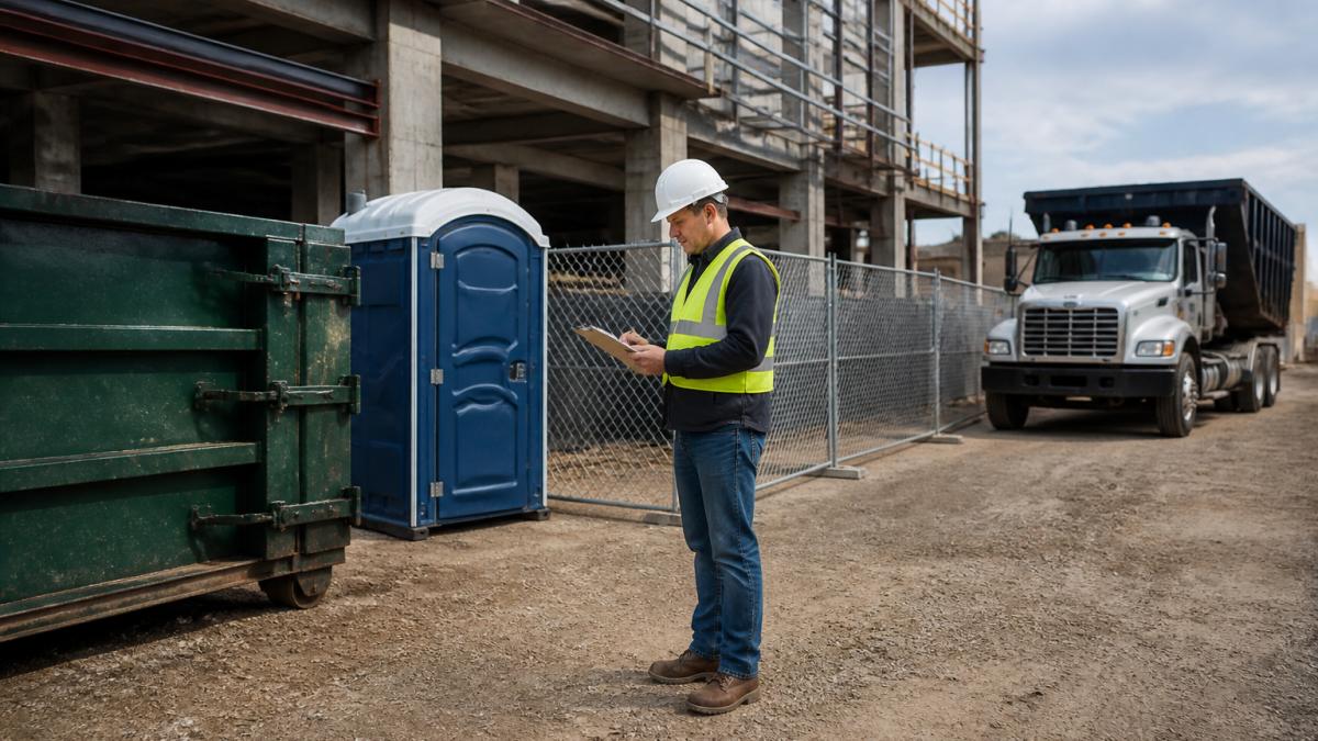 Top Nationwide Waste Service Alternatives for Contractors 1 A construction site foreman in a hard hat and safety vest standing next to a roll-off dumpster, portable toilet, and temporary fencing, reviewing a clipboard as a delivery truck arrives in the background